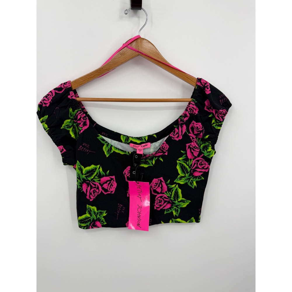 Betsey Johnson Tin Can Rose‎ Crop Top Womens Size M Black Neon Pink Floral
